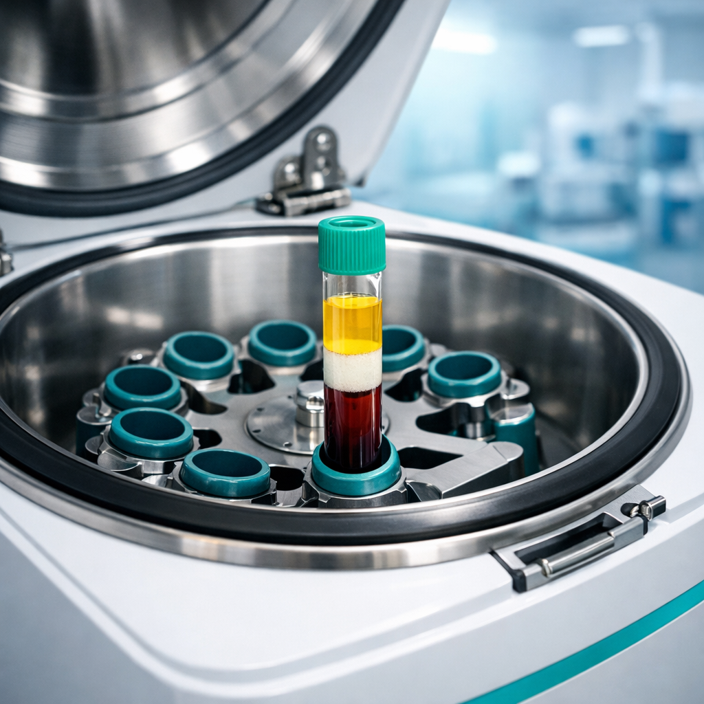 A centrifuge tube showing blood separated into golden platelet-rich plasma above red blood cells